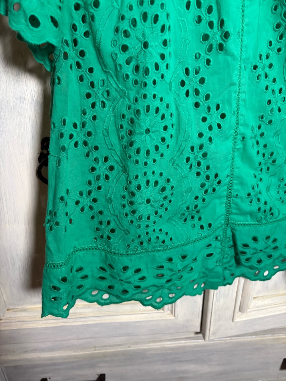 Jennifer & Grace Kelly Green Eyelet Ruffle Top High Neck Romantic Polished Chic - Picture 3 of 8